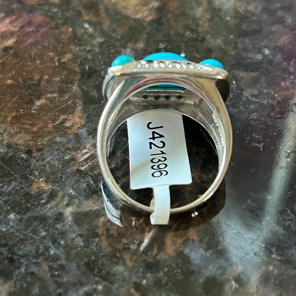 Blue and Silver Turquoise Ring with Southwestern Design - Picture 2 of 3
